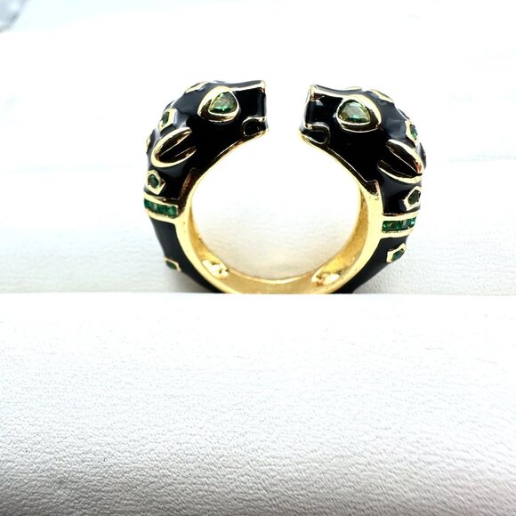 Cheetah Panther Ring Black Enamel Green Rhinestone Gold Plated Adjustable Size - Picture 3 of 7